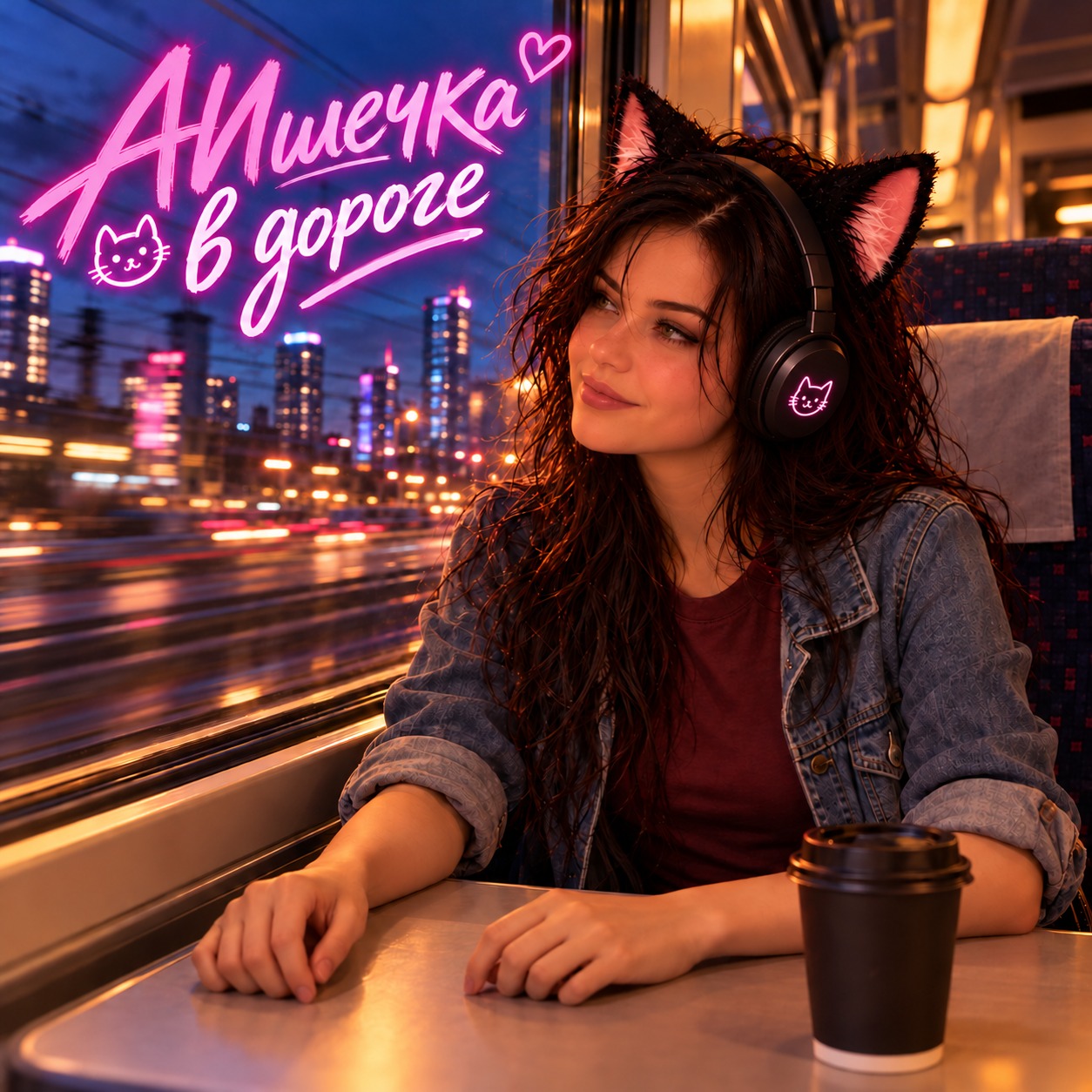 Aishka in a denim jacket and headphones beside an evening train window